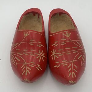 Vintage Dutch Wood Clogs Red Floral Scandinavian Cute